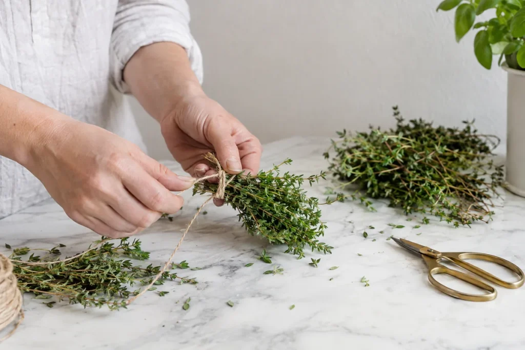 Hands tying a bundle of fresh thyme with twine for air drying