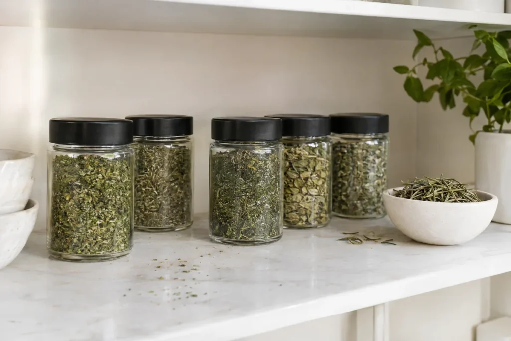 Glass jars of homemade dried herbs on a white marble shelf