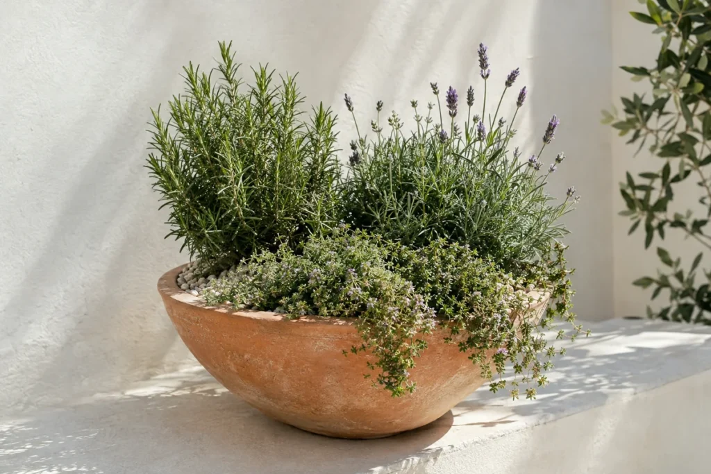 Rosemary, lavender and thyme growing together in a terracotta planter