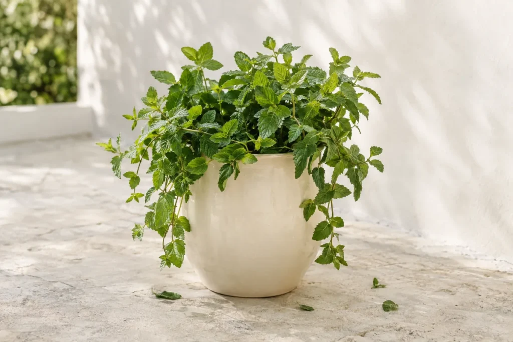 Vigorous mint growing alone in its own cream ceramic pot