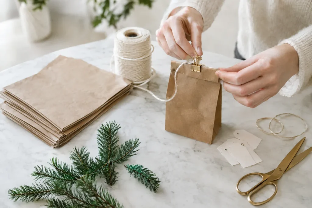 Hands clipping small kraft paper bags onto a cord for an advent garland