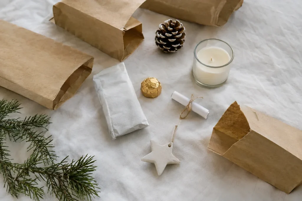 Small advent calendar fillers like notes, candles and treats on white linen