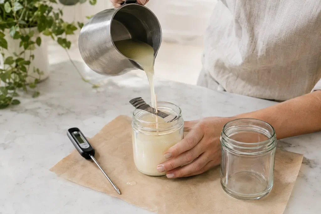 Hands pouring melted soy wax into a glass jar with a centered wick