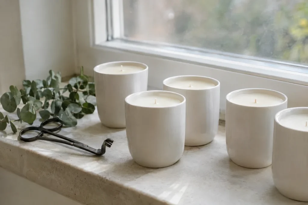 Homemade soy candles curing on a windowsill with trimmed wicks