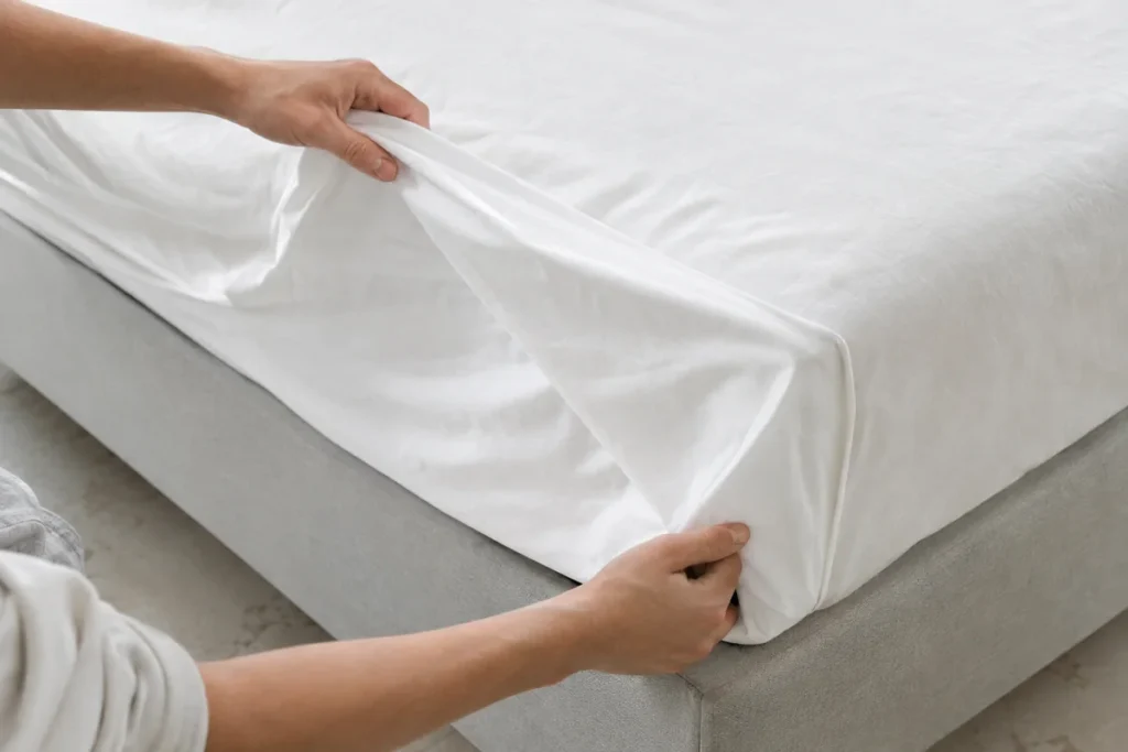 Hands tucking a crisp white sheet into a neat hospital corner