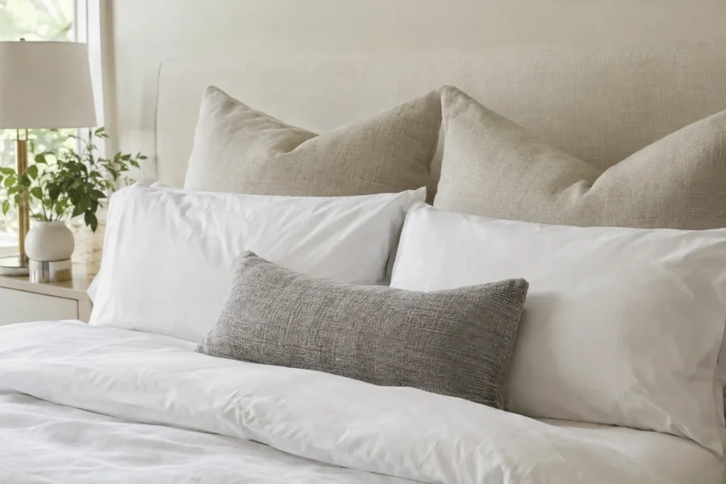 White hotel style pillow arrangement against a cream upholstered headboard