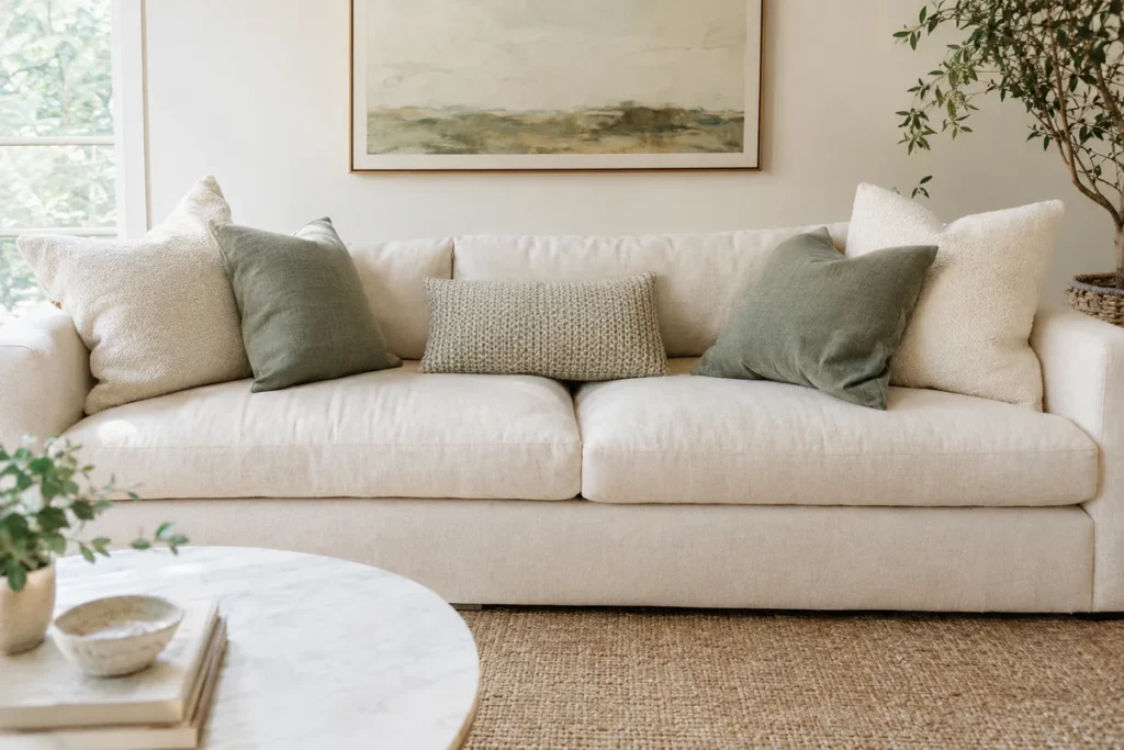 Cream sofa styled with five layered throw pillows in neutral and sage