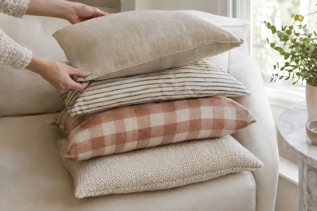 Hands arranging pillow covers in mixed patterns on a cream sofa