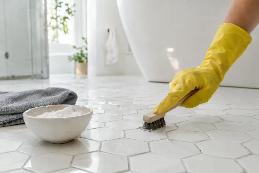 Gloved hand scrubbing white floor grout with a stiff brush