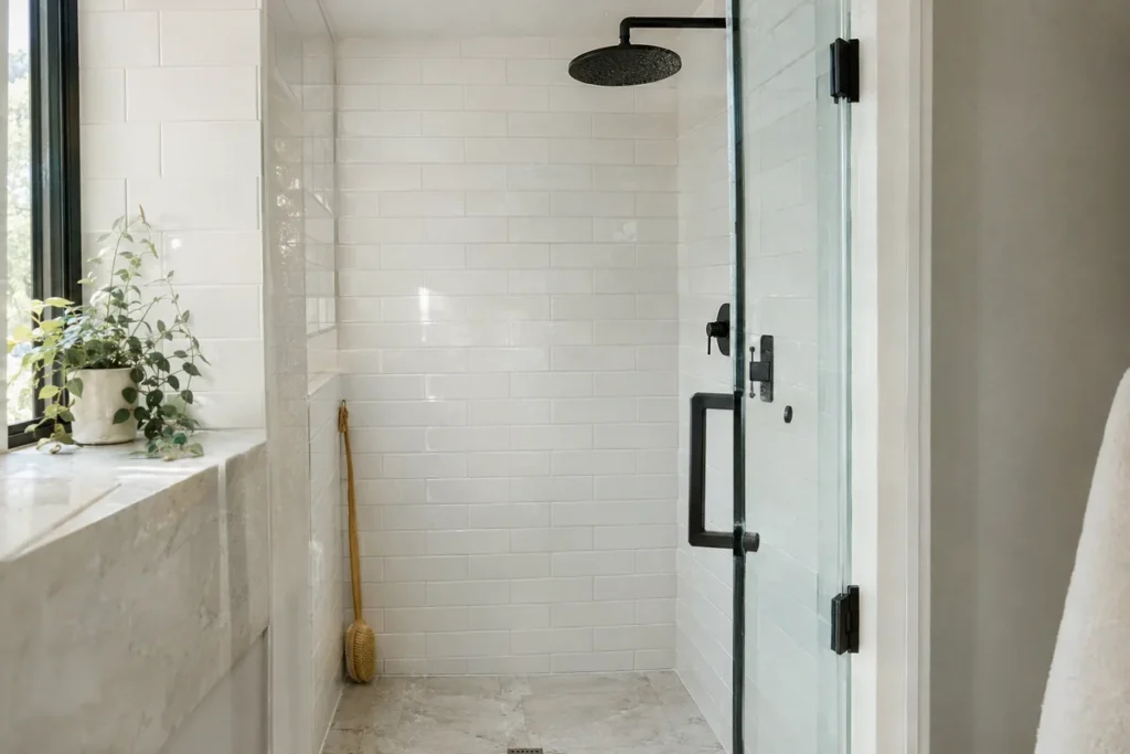 White subway tile shower with clean grout and a scrub brush