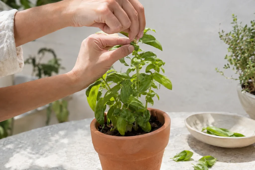 Hands pinching the top of a young basil plant above a leaf node