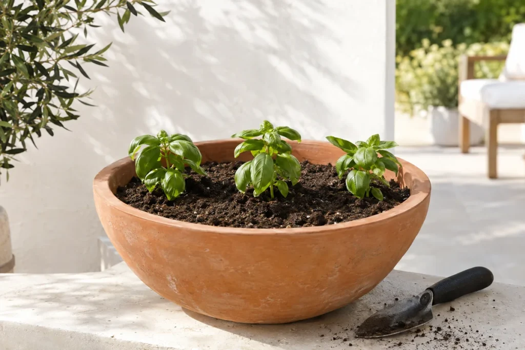 Young basil seedlings planted in a wide terracotta pot on a patio