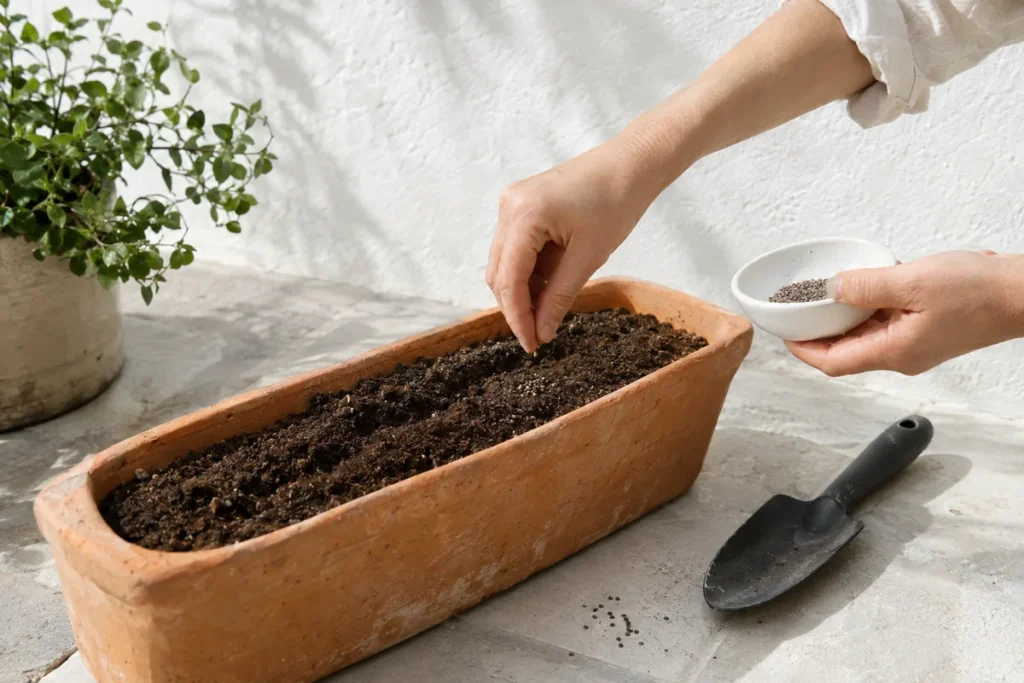 Hands sowing lettuce seeds in a terracotta trough planter