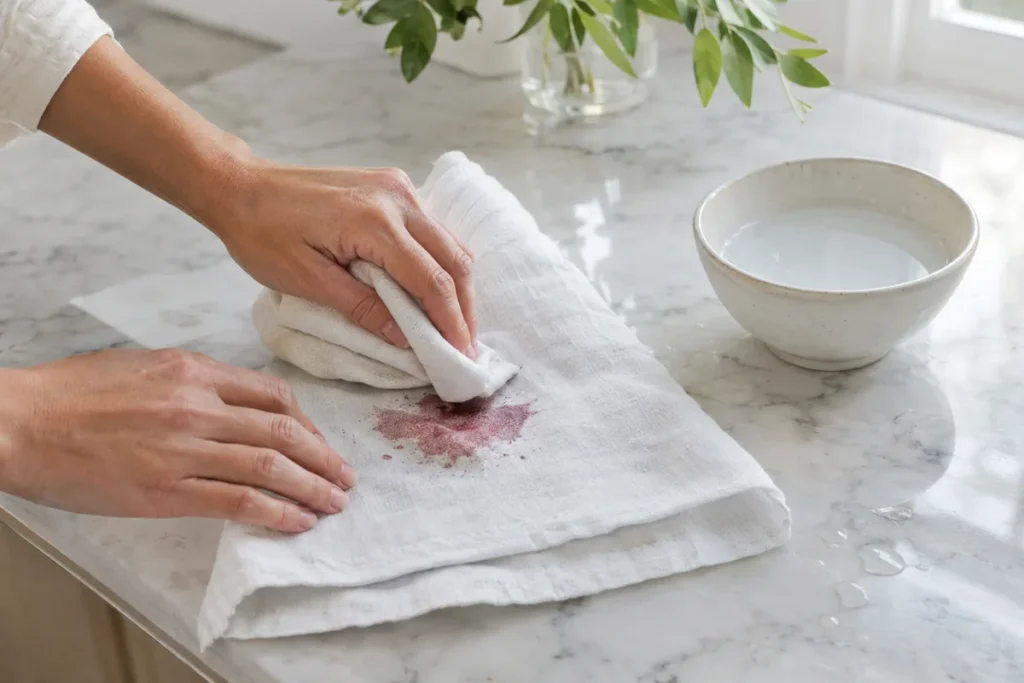 Hands blotting a wine stain on a white linen napkin with a cloth