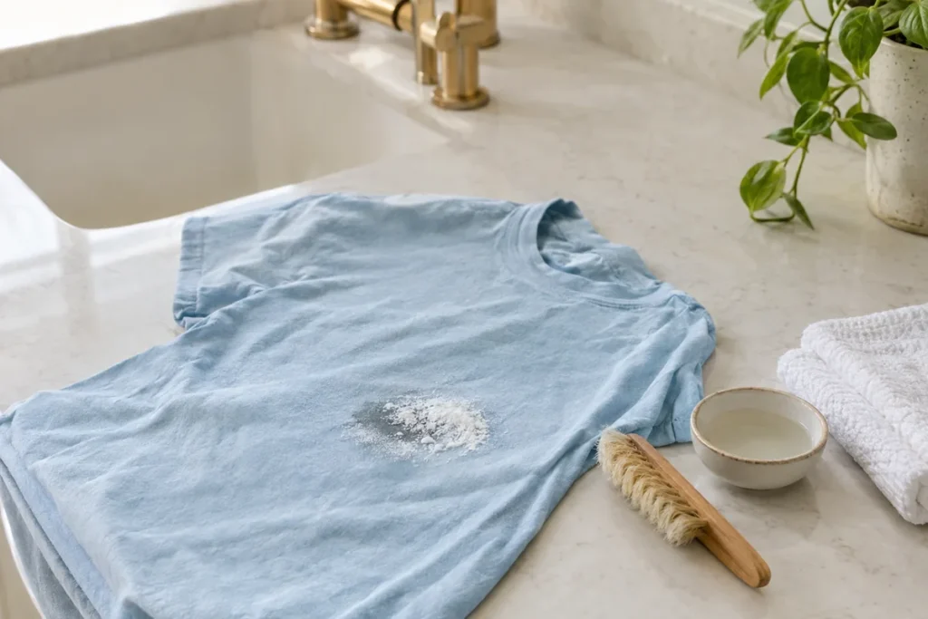 Grease stain on a cotton T-shirt covered with powder before washing