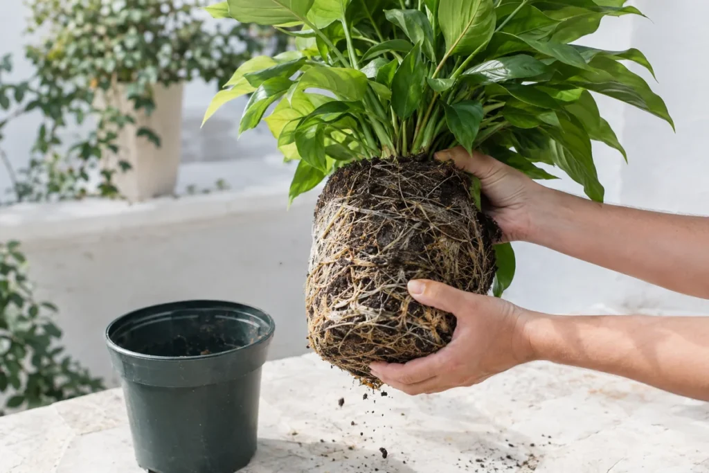 Hands holding a root bound houseplant with circling roots