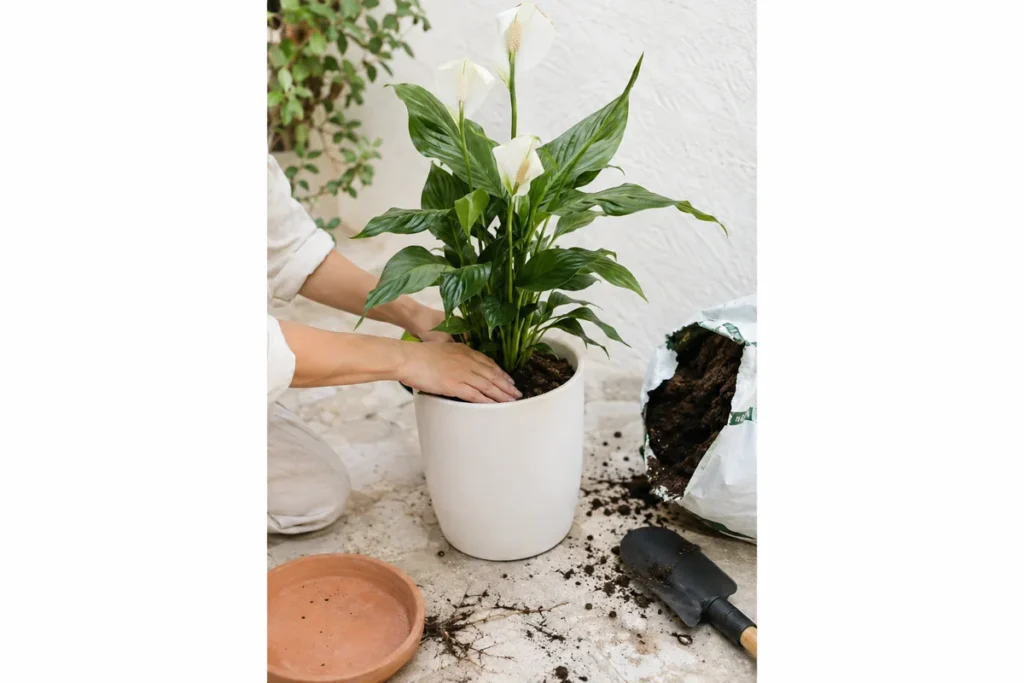Hands filling potting mix around a peace lily in a new pot