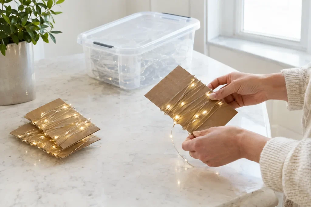 Hands wrapping Christmas lights around cardboard for tangle free storage