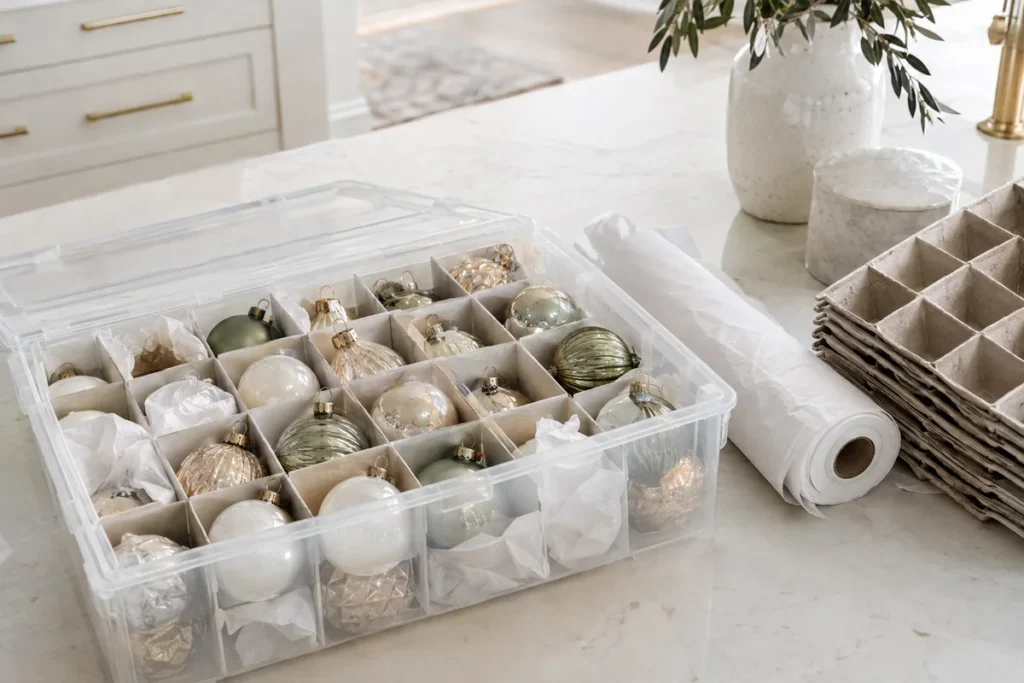 Glass ornaments stored safely in a divided storage container with tissue