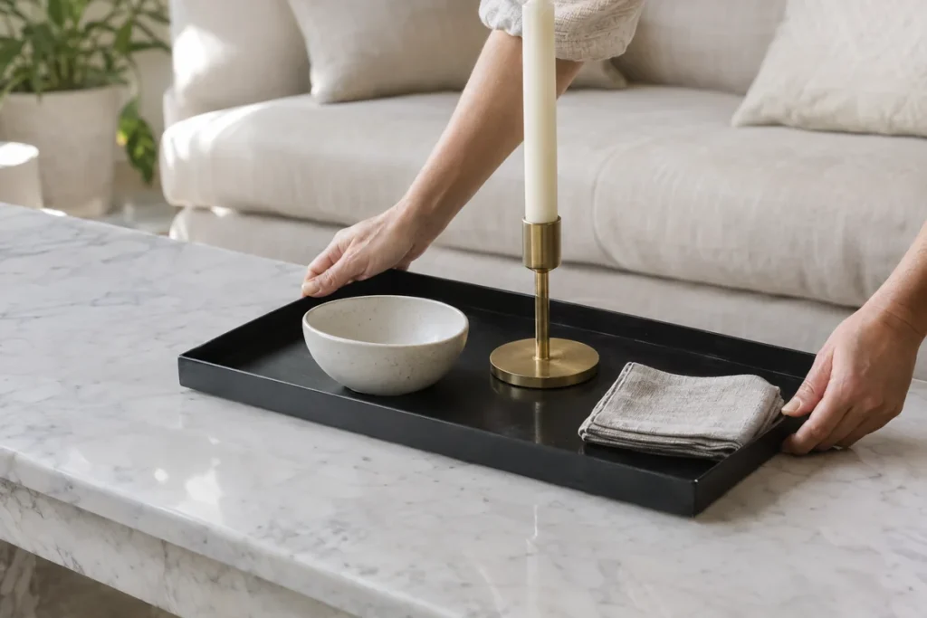 Hands placing a black tray with candle and bowl on a marble coffee table