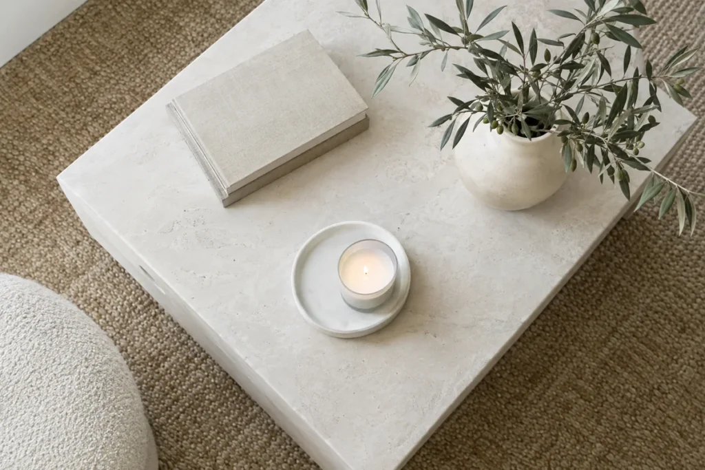 Overhead view of a square stone coffee table styled in a zigzag layout