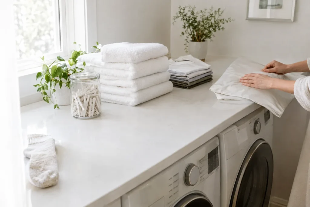 Hands folding laundry on a white counter over a washer and dryer