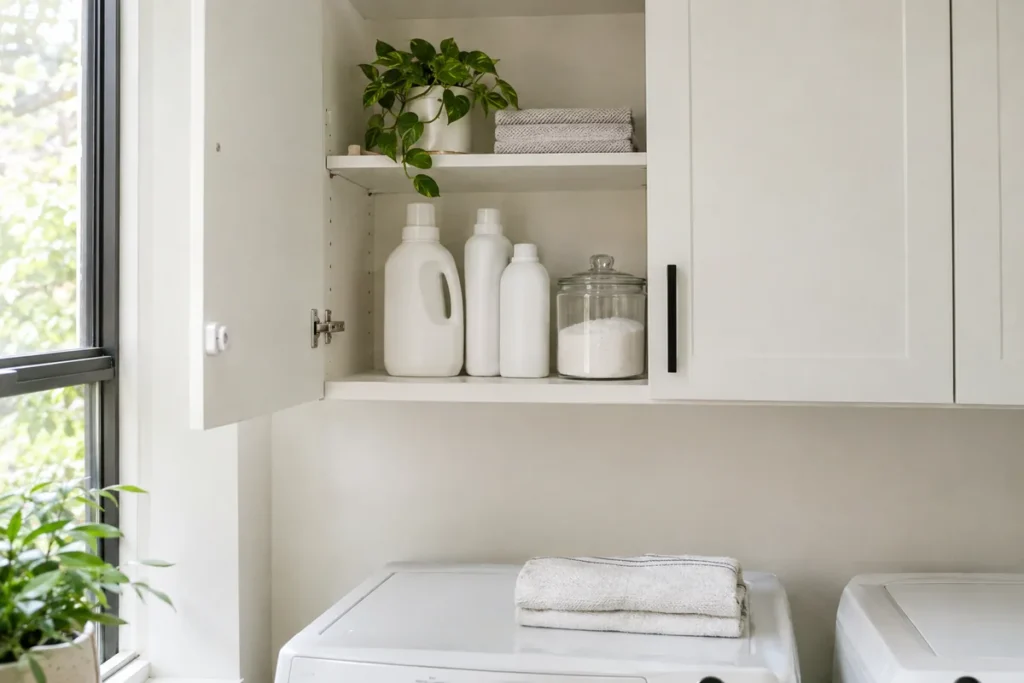 High laundry cabinet with plain bottles and a child safety latch