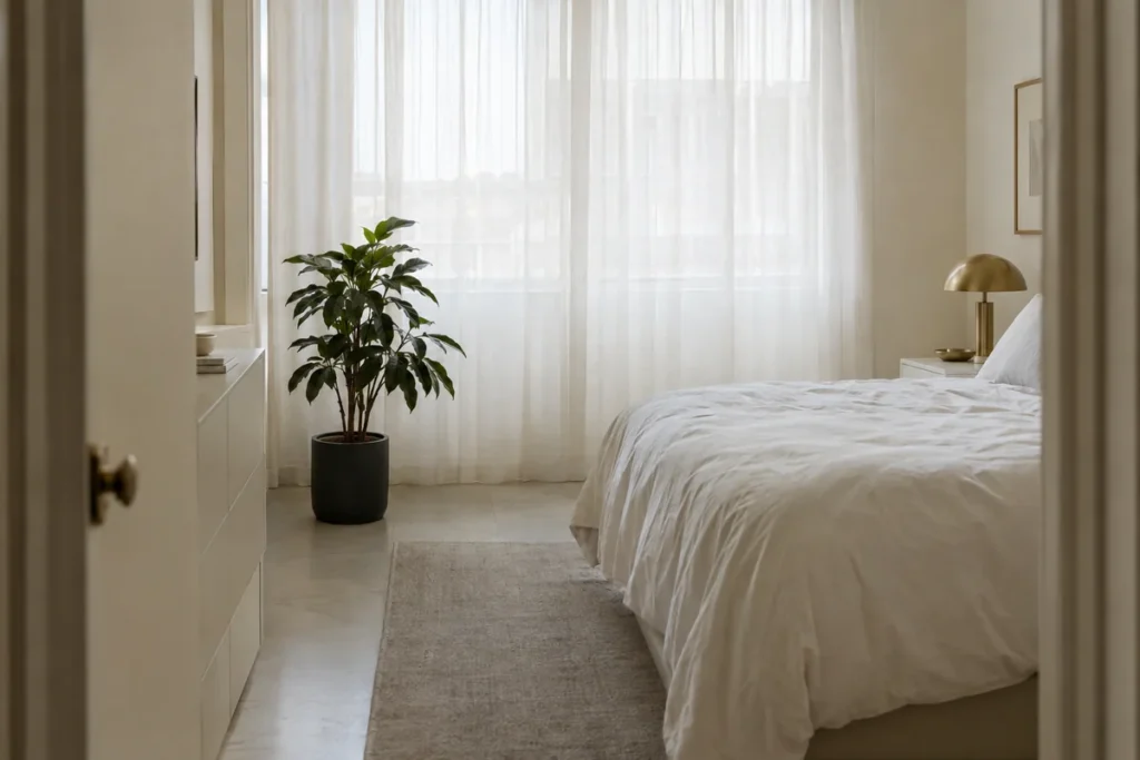 Cast iron plant in a matte black pot in a softly lit bedroom