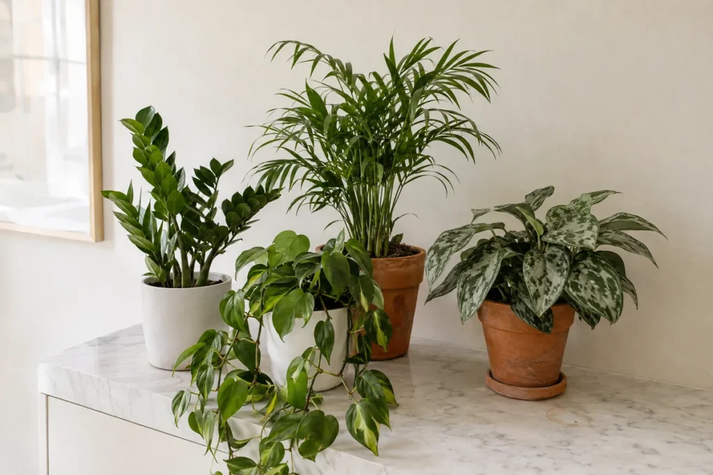 Group of low light houseplants in white pots on a marble console
