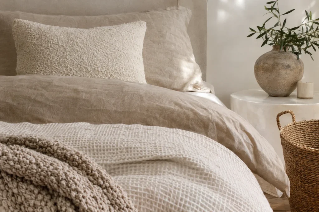 Close view of linen, boucle, knit and jute textures in a neutral bedroom