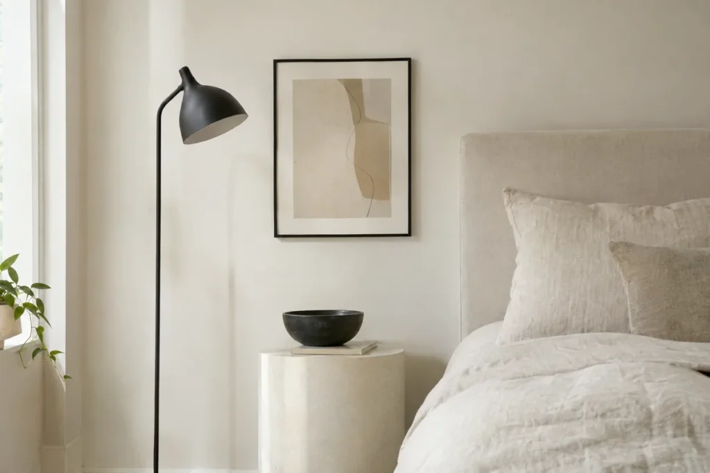 Matte black lamp and frame adding contrast in a neutral bedroom
