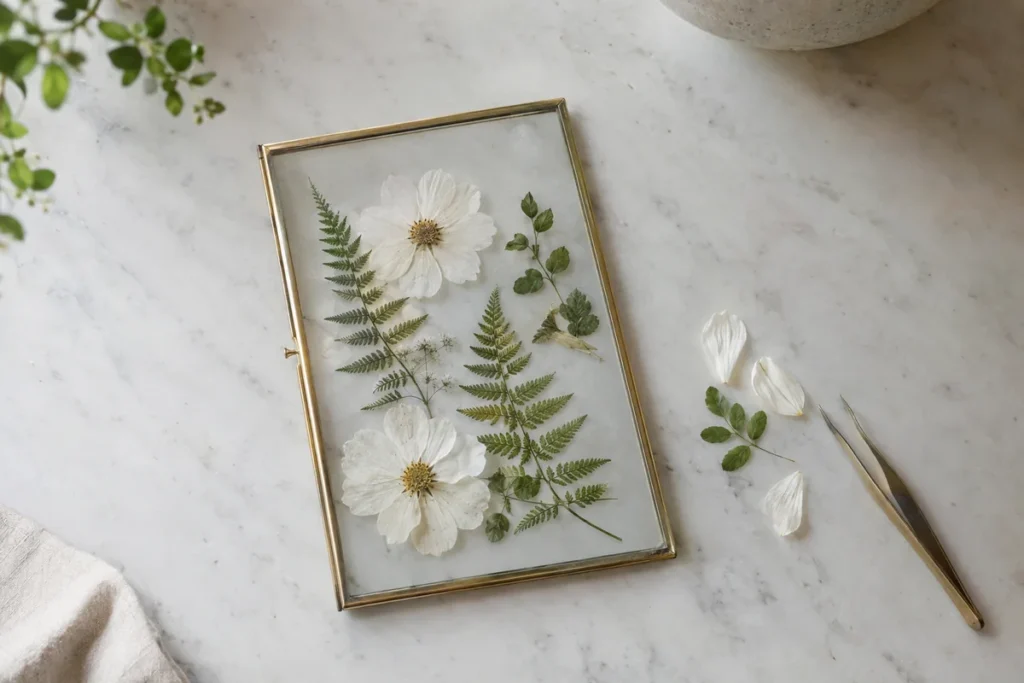 Pressed flowers and ferns arranged inside a slim brass picture frame on marble