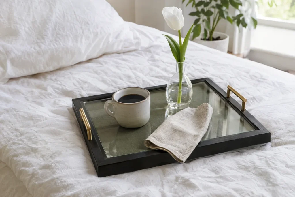 Black picture frame turned into a serving tray with brass handles on a bed