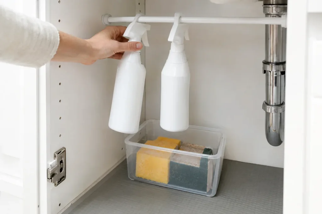 Hand hanging a spray bottle from a tension rod under a sink