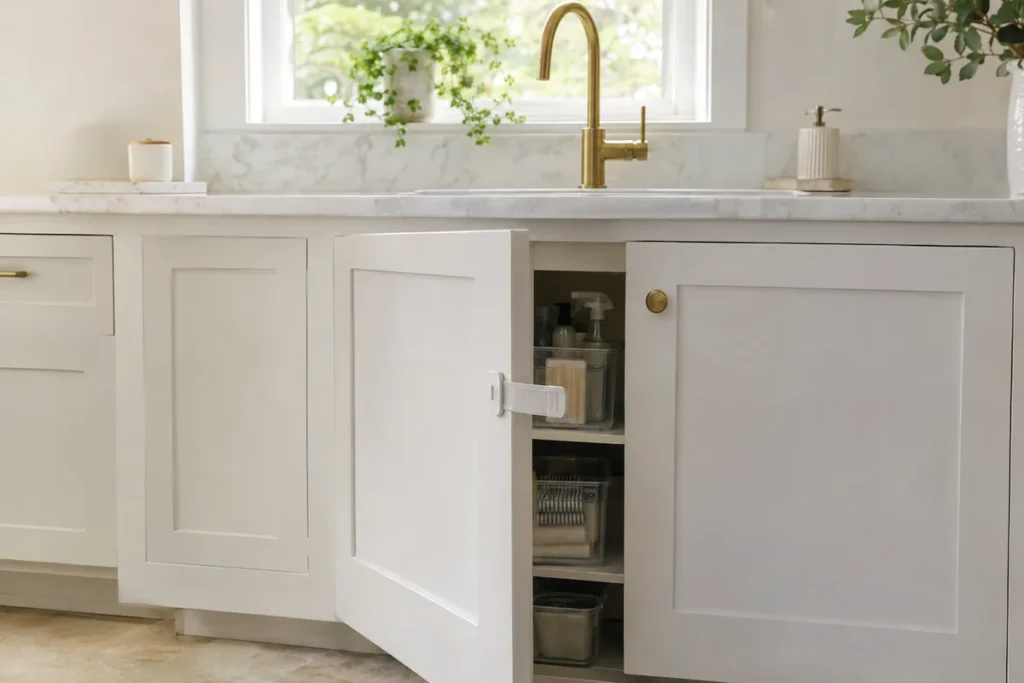 White kitchen cabinet door fitted with a child safety latch