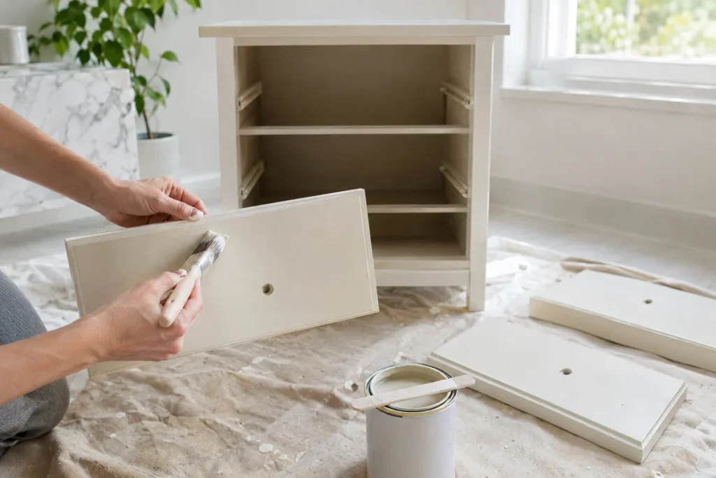 Hands brushing bonding primer onto a nightstand drawer without sanding first