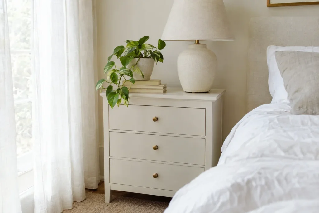 Freshly painted white nightstand with brass knobs styled beside a bed