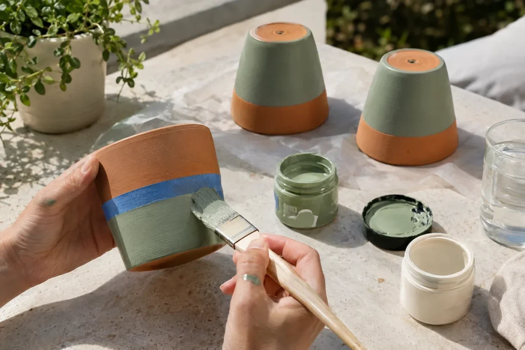 Hands painting a terracotta pot in sage green with painter's tape lines