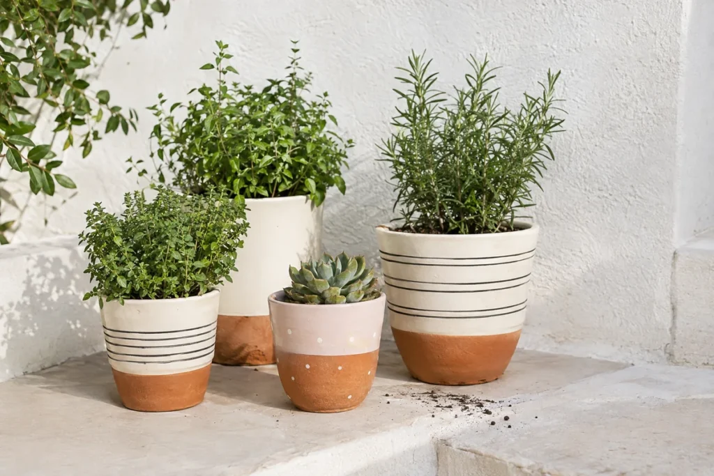 Painted terracotta pots in stripes, dots and color block designs with plants