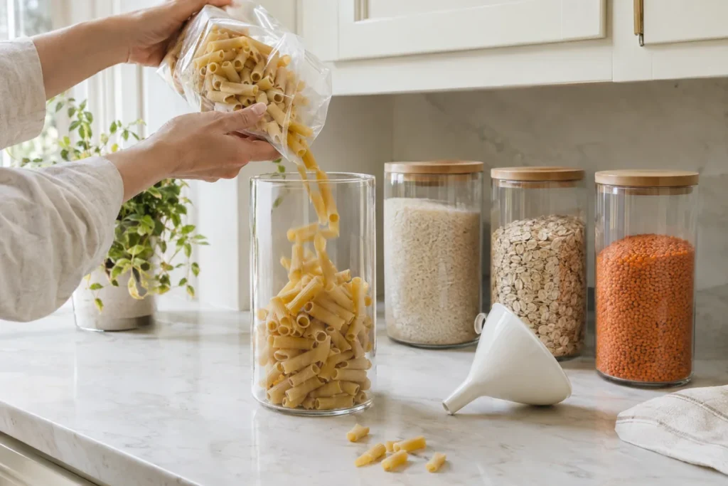Hands pouring pasta into a clear glass pantry jar on marble