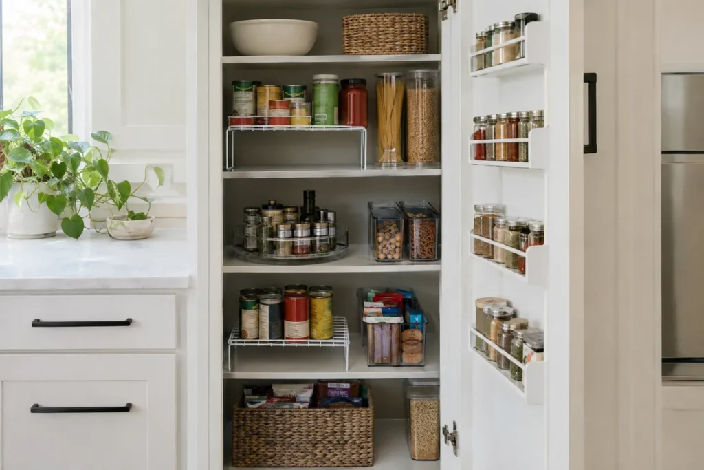 Small kitchen cabinet pantry organized with risers, turntable and clear bins