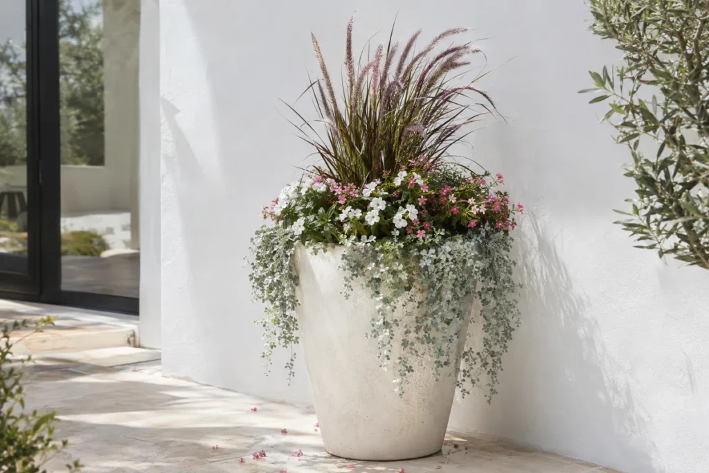 Thriller, filler and spiller container with grass, flowers and trailing foliage