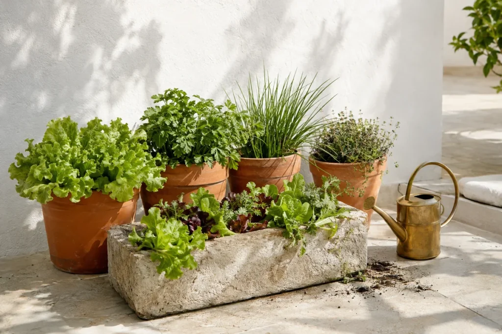 Terracotta pots of herbs and salad greens on a sunny patio