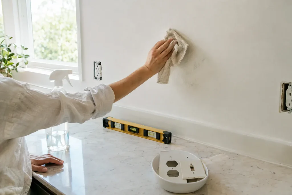 Hands cleaning a kitchen wall before installing peel and stick backsplash tiles