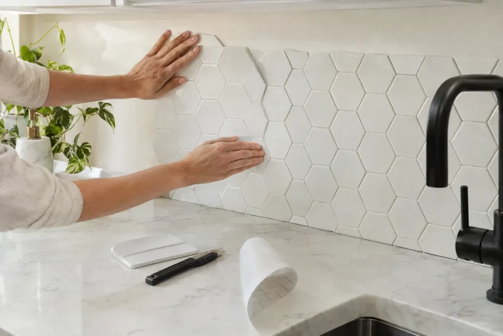 Hands pressing a peel and stick hexagon tile sheet onto a kitchen wall