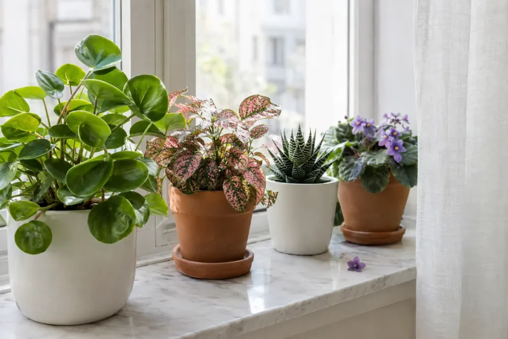 Small pet-safe houseplants in white and terracotta pots on a windowsill