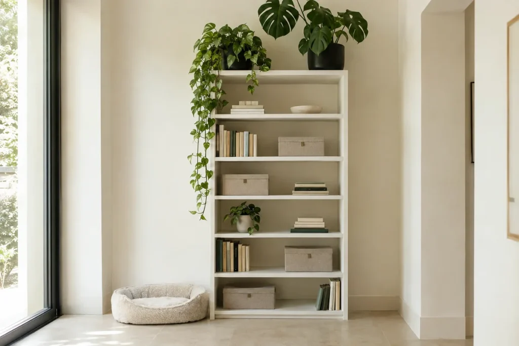 Pothos and monstera placed on a high shelf away from pets