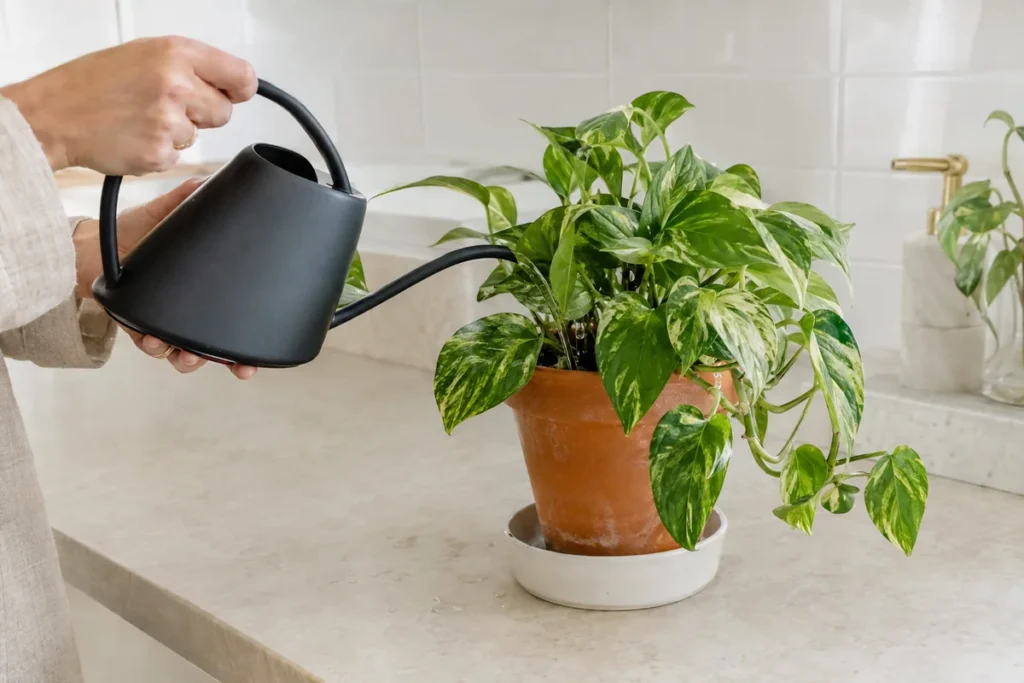 Hands watering a marble queen pothos in a terracotta pot