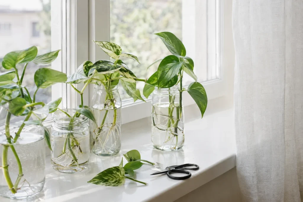Pothos cuttings rooting in clear glass jars on a windowsill