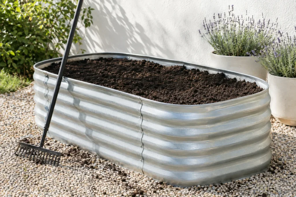 Empty galvanized raised bed filled with dark soil and compost
